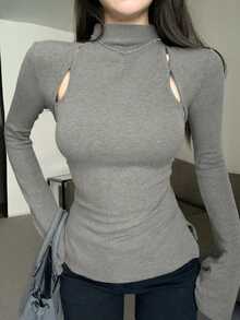 时尚纯色立领侧开衩T恤，秋季 - 灰色 - 查看 6