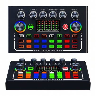 Live Streaming Sound Card – Audio Mixer With DJ Effects, Voice Changer & 16 Built-In Sound Effects | 800mAh Battery, Bluetooth, Cool Button Lights | Compatible With Phones, PC, Tablets | Must-Have For Podcast Studios, Ideal For Live Streaming, Gaming & Recording