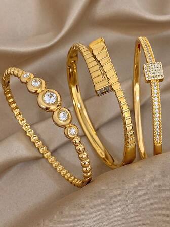 Ensemble de bracelets en acier inoxydable plaqué or 18 carats avec perles et barres en zircone, élégant et luxueux. Bijoux minimalistes vintage, cadeau pour maman. Accessoires pour Noël, Thanksgiving, Halloween, mariage, rave/bal de promo/fête/usage quotidien, anniversaire, demoiselle d'honneur, Saint-Valentin, style bohème