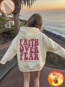 1pc Tween Girl Casual Printed Pullover Sweatshirt, Thermal Lined, Long Sleeve, Autumn/Winter - Designed For The Adventurous Young Spirit, With The Message "Faith Conquers Fear" - Apricot - View 3