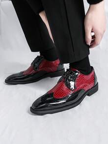 Men's Crocodile Embossed Color Block Pointed Toe Lace-Up Formal Dress Shoes, Suitable For Wedding, Office, Party - Red - View 5