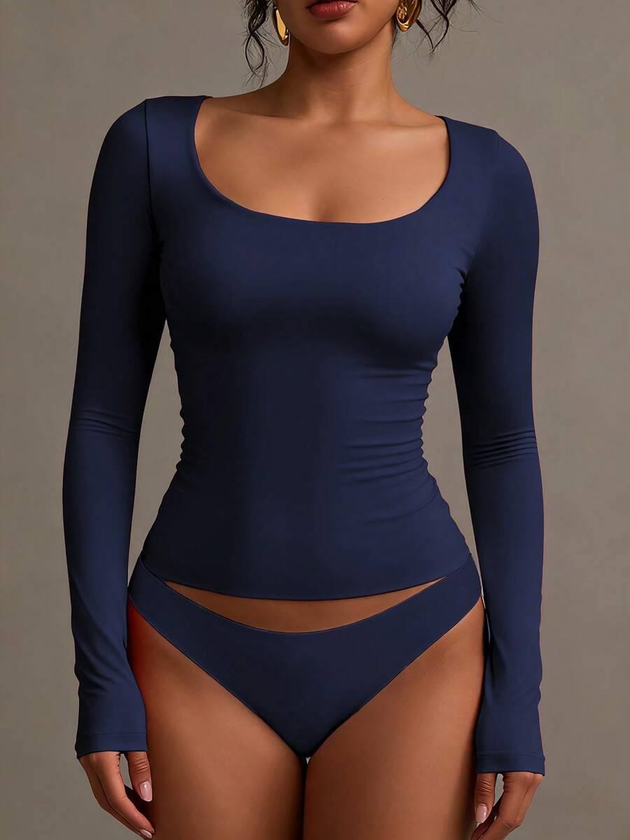 XLLAIS Áo thun dài tay màu trơn, áo thun cổ chữ V nữ mùa xuân, trang phục mùa thu, ngày Valentine - Xanh đậm - Xem 1