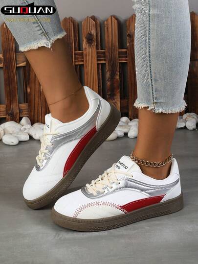 1 Pair Women's White Sneakers, Fashion Casual Lace-Up Flat Shoes, Versatile For School, Student, Spring/Autumn, Comfortable Outdoor Skateboard, Running Shoes, Suitable For Gym