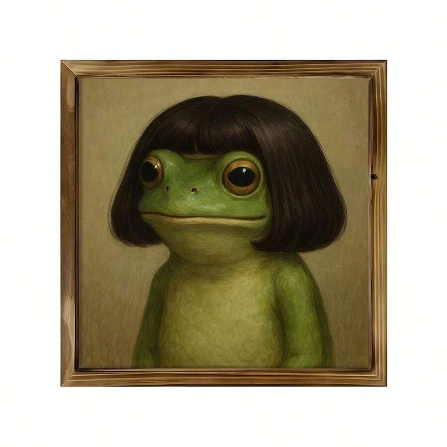 2D Flat 1pc Wood Frame Sign Wood Frame Frog Girl, Brown Short Hair, Surrealistic Portrait Style Wooden Wall Art Prints 8x8inch Wood Painting For Living Room Bedroom Office Bathroom Dorm Home Decor, Ready To Hang - 彩色 - 查看 1