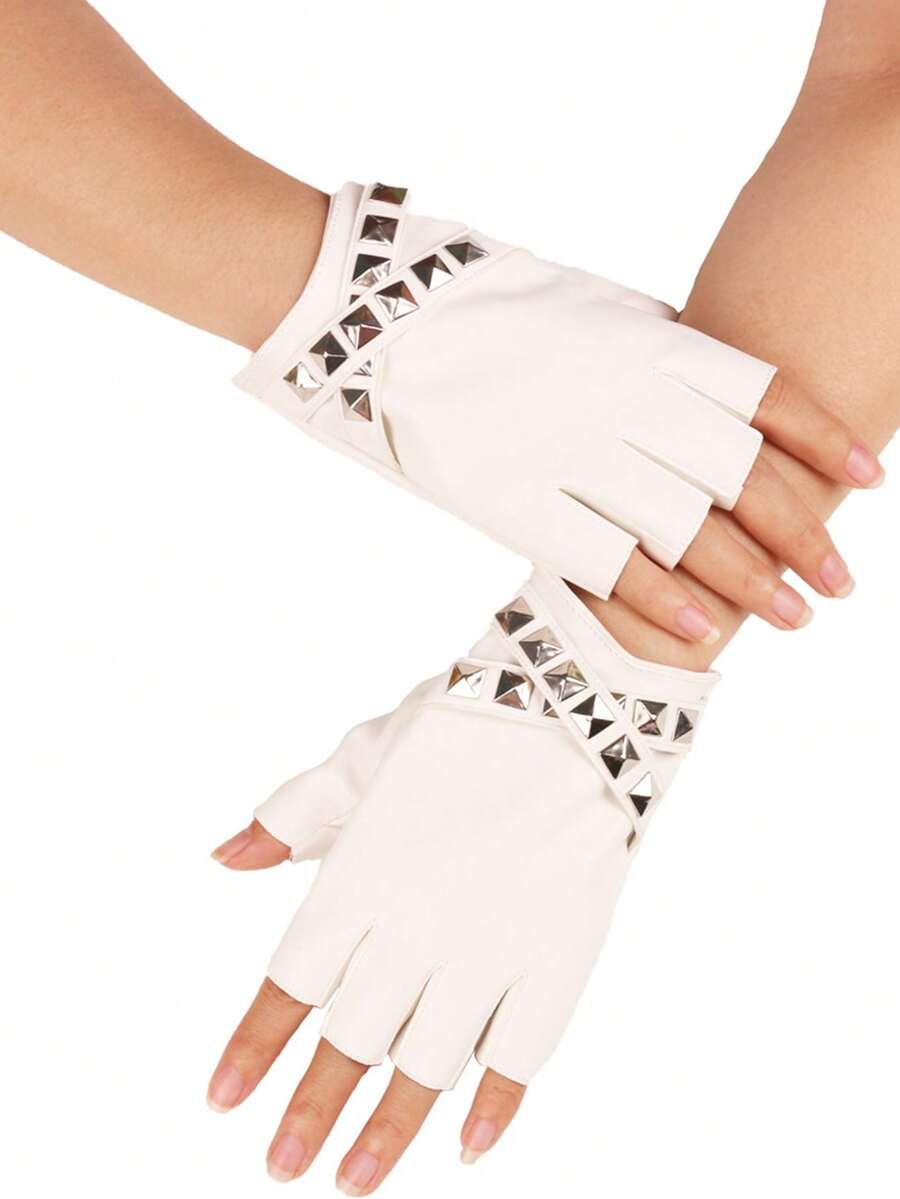 1 par de guantes sin dedos de estilo punk con correa hueca y remaches, guantes de piel de PU sexy sin dedos para hombres y mujeres, adecuados para exteriores, casual, fiesta, actuación