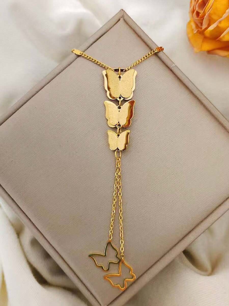 1pc Stainless Steel Butterfly Necklace, New Design Women Clavicle Chain, Elegant Versatile Short Gold Tone Necklace - Gold - View 1