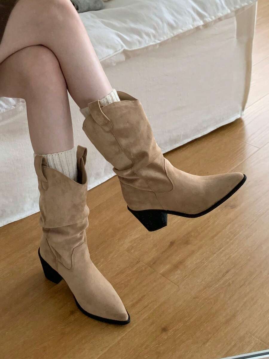 Vintage Pointed Toe High Heel Women's Boots, Chunky Heel Boots, New Mid-Calf Boots For Autumn/Winter, Versatile Pleated Slouchy Cowboy Boots,Fashion Boots - Khaki - View 1
