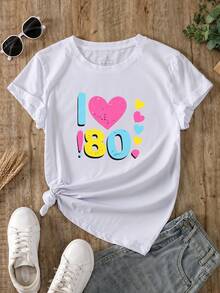Camiseta para Mujer, Playeras vintage cotton con estampado "I ❤️ 80!" y corazones coloridos, casual, Estilo de calle, Playeras Con Frases Para Mujer, Camisetas graciosas mujer,Camiseta impresa de manga corta cuello redondo casual ropa de mujer grande,playeras oversize,ropa de calle de gran tamaño,Estampado de Letras - Blanco - Ver 2