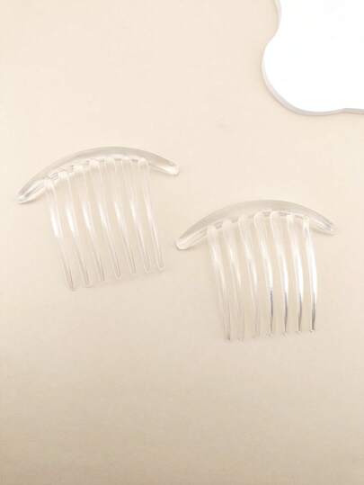 2支装 中号7齿透明白色塑料发梳，适合日常使用，梳子，边梳，头部饰品，女士发饰