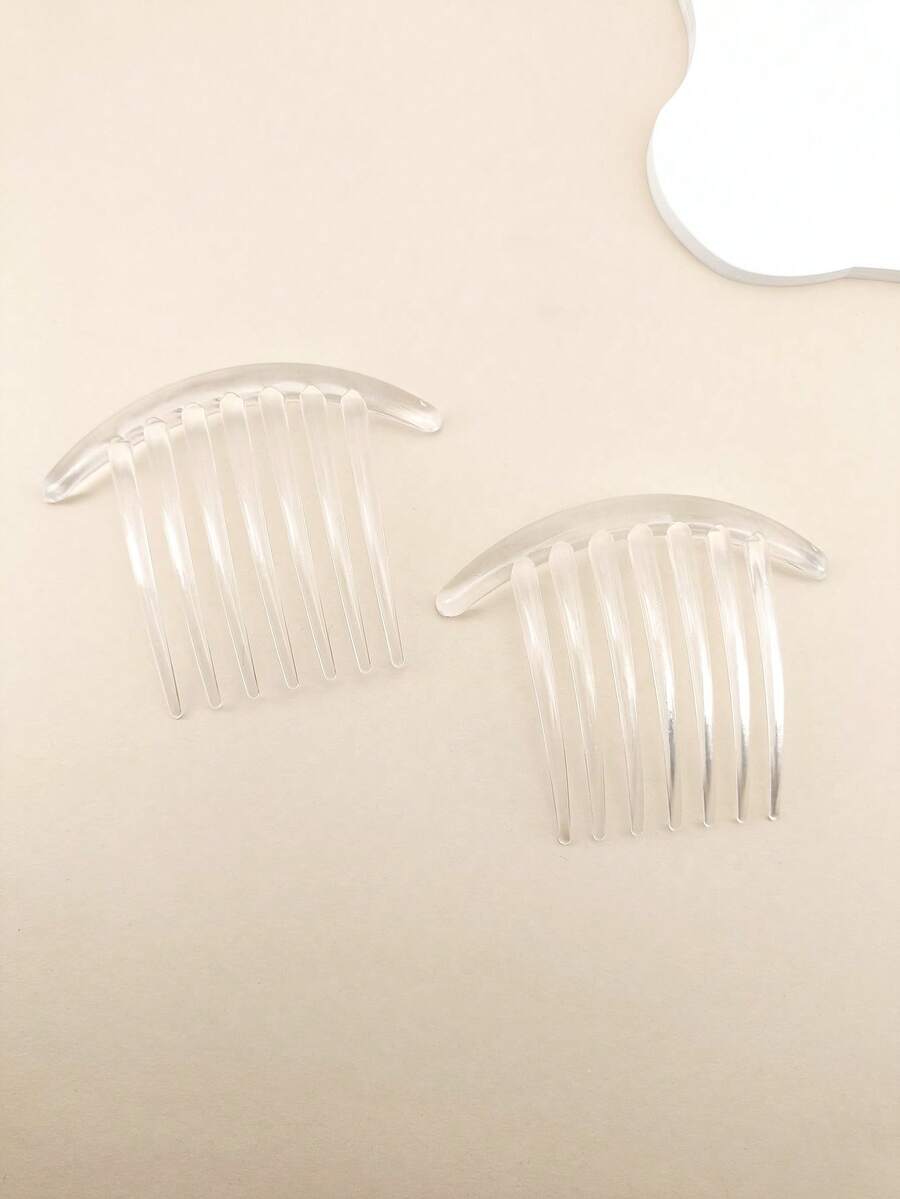 2支装 中号7齿透明白色塑料发梳，适合日常使用，梳子，边梳，头部饰品，女士发饰 - 白色 - 查看 1