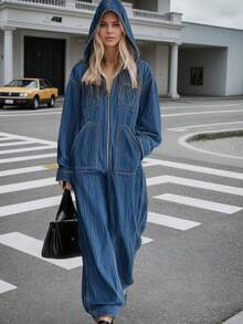 Women's New Fashion Multi-Pocket Workwear Denim Jumpsuit, Street Style, Casual Loose Hooded Wide-Leg Denim Jumpsuit - Màu xanh lam - Xem 4