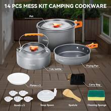 Onlyfire 14pcs Camping Cookware Mess Kit Non-Stick Lightweight Pot Pan Kettle Set With Plates Forks Knives Spoons For Camping Backpacking Outdoor Cooking And Picnic CT604gift - Black - View 3