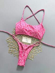 2pcs Geometric & Tropical Floral Print Swimsuit, Casual Cute Elegant Sexy Bohemian Tie-Up Bikini, Suitable For Spring/Summer Beach Vacation, Women's Set, Beach Outfit, Women's Bikini, Women's Beach Suit