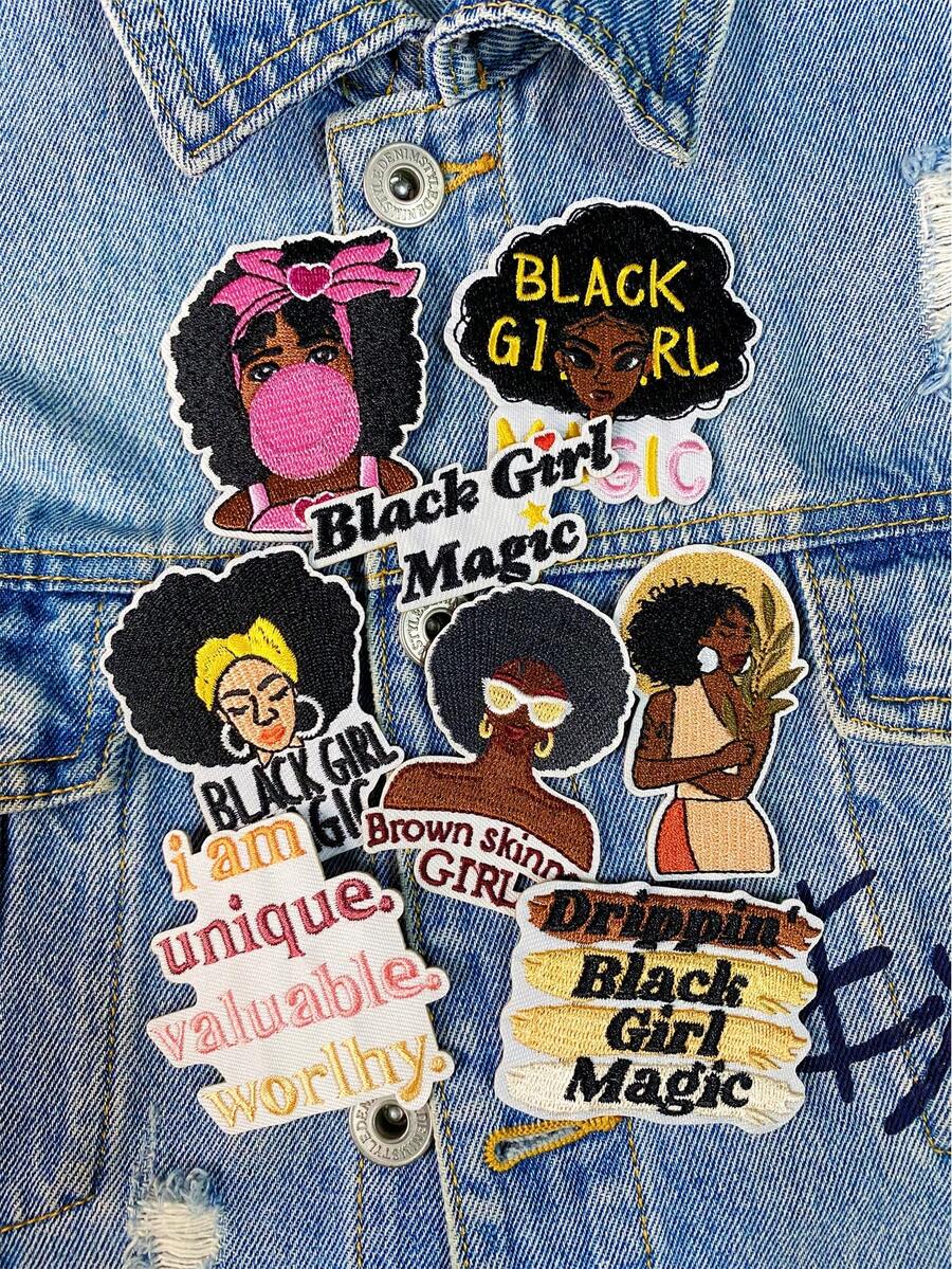 1 Set de 3/8 piezas Parches bordados de la serie de niñas negras lindas, parches de poliéster de moda lindos, apliques para coser o planchar en ropa, accesorios, mochilas, vaqueros, chaquetas, camisetas, sombreros, vestidos, etc.