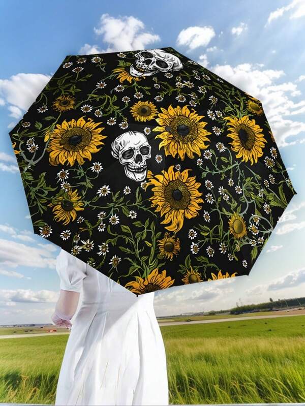 Guarda-chuva Dobrável com Crânio e Girassol, Presente de Halloween, Viagem, Ultralight, Portátil, Proteção UV, À Prova de Chuva, Guarda-sol Resistente para Homens e Mulheres