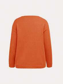 Women's Solid V-Neck Casual Loose Pullover Knit Sweater, Long Sleeve Spring - Orange - View 2