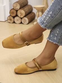 Giày Mary Jane cổ điển cỡ lớn EU 35-43, Giày bệt mũi vuông đế thấp khóa nhung màu vàng thời trang xuân/thu mới, Giày ba lê đế mềm thoải mái cho nữ dùng hàng ngày, đi làm, đi làm, lái xe, đi nghỉ - vàng vàng - Xem 4