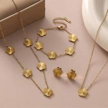 Juego de joyas chapado en oro de 18K de acero inoxidable con trébol de 5 hojas con textura, collar, pulsera, pendientes para mujer, accesorios de lujo con encanto vintage de la suerte, regalo para ella - Dorado - Ver 12