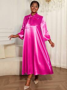 Plus Size Satin Maxi Dress For Women With Tie Neck And Kimono Sleeves Elegant Long A-Line Dress With Bow - 玫紅色 - 查看 5