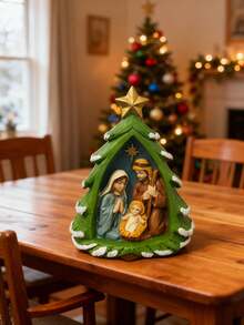 圣诞耶稣诞生场景树脂摆件 - 树形圣家摆件，饰有金色星星，节日家居装饰，适用于桌面和客厅，宗教圣诞装饰，增添节日氛围，是圣诞节和信仰爱好者的完美礼物。圣诞装饰 家居圣诞礼物 圣诞装饰