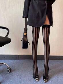 "1 Pair Of Sexy Lace Floral Band Over-The-Knee Fishnet Stockings With Thick Stripes - High Thigh Fashion Accessory", Y2k - 黑色 - 查看 1