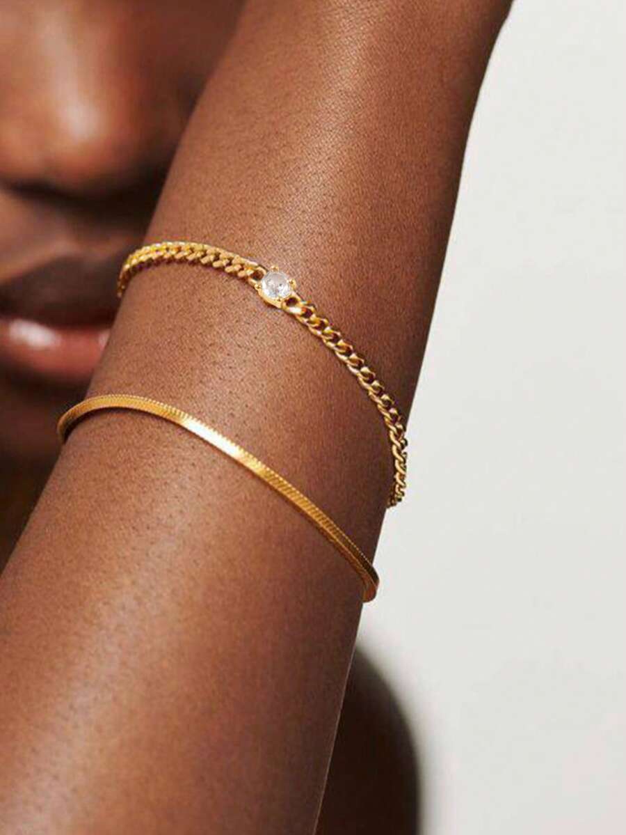 Tkool Set de 2 brățări de lux cu lanț de lamă stratificat, cu zirconiu cubic pătrat, pentru femei