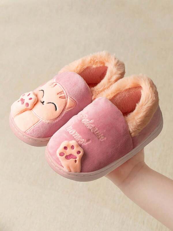 1 Pair Kids Cartoon Fabric Slippers, Cute Cat Pattern, Warm Indoor Home Use, Anti-Slip Thick Fabric Shoes (Suggest Order One Size Up)