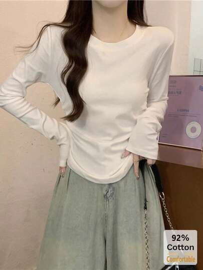 Women's Cotton Long Sleeve T-Shirt, Versatile Solid Color Slim Fit Undershirt, Autumn/Winter