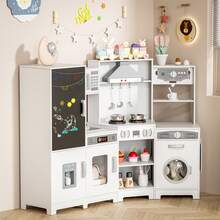 MAMIZO Kids Corner Play Kitchen, Ultimate Interactive Wooden Kitchen Playset With Lights & Sounds, Cooking Toy Set With Stove, Range Hood, Sink, Faucet, Ice Maker & Washing Machine - White - View 2