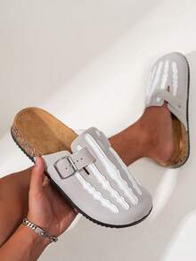 Men's New Personalized Skeleton Print Buckle Slide Slippers, Soft Cork Bottom Casual Sandals, Suitable For Indoor/Outdoor Wear, Streetwear Style, Fit For Daily Life & Leisure, Spring/Summer/Autumn - Grey - View 3