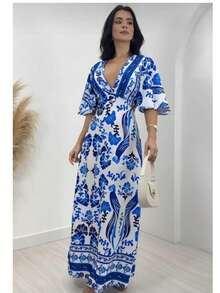 Long Farmhouse Style Dress - 手臂和藍色 2 - 查看 3