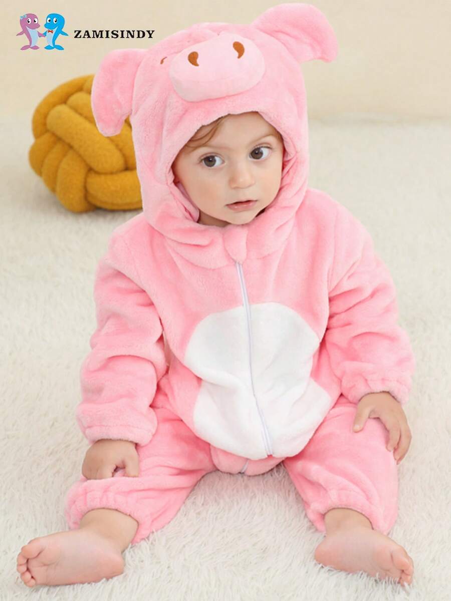 Mono unisex para gatear de bebés de 0 a 3 años, disponible en 6 colores y 6 diseños diferentes, con 6 diseños de animales cartoon: conejo blanco, cerdito, dinosaurio azul, serpentita verde, ternero marrón y ardilla marrón, pato. Es cómodo, suave y cálido, perfecto para usar en temporadas de otoño e invierno; funciona tanto como ropa para gatear como prenda versátil que se puede usar tanto en casa como fuera. - Rosa - Ver 1