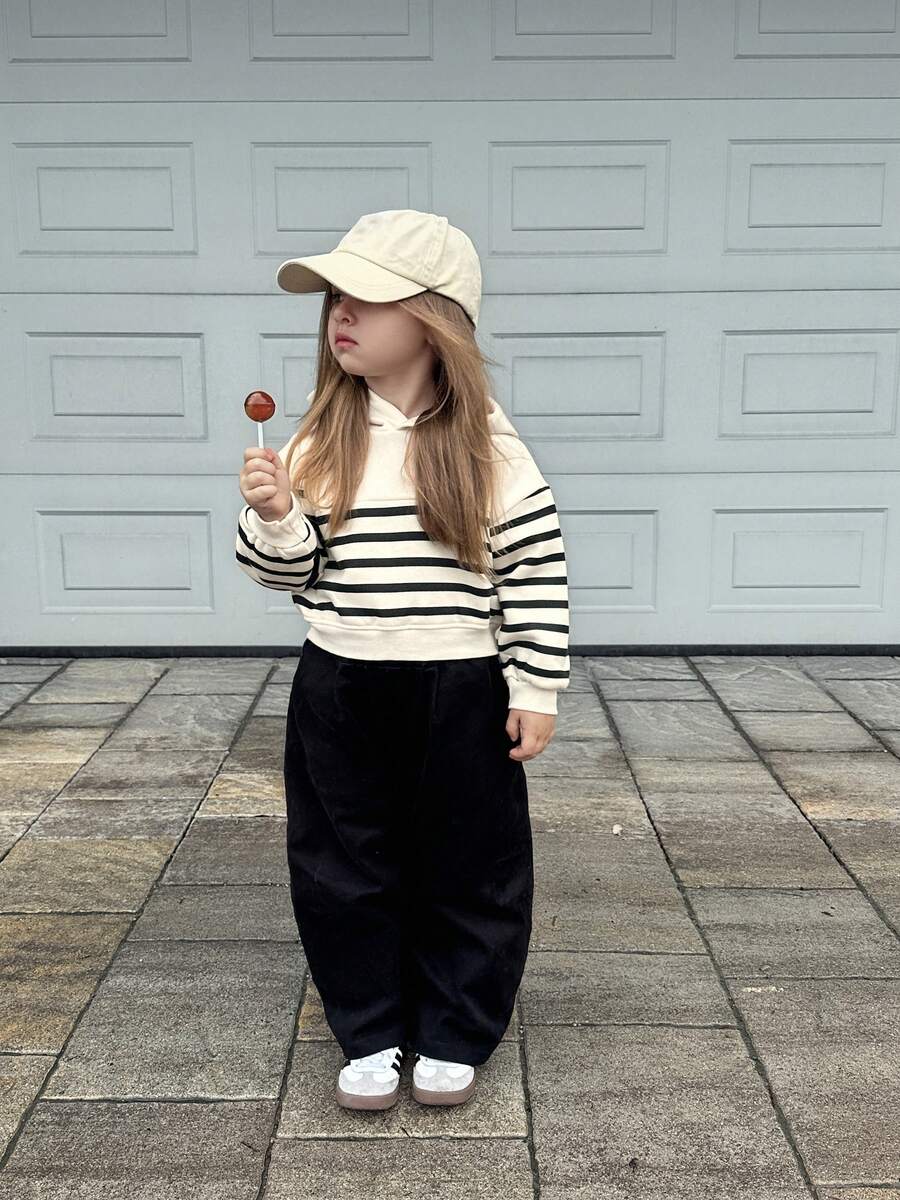 DAZY 女童针织保暖连帽条纹卫衣，秋季服装 - 黑與白 - 查看 1