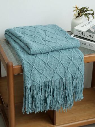 1pc Solid Color Diamond Plaid Knitted Blanket, Nordic Style Acrylic Rectangular Minimalist Sofa Cover Throw Blanket, Bedroom Leisure Knit Blanket