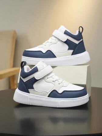 Kids' Fashion Sneakers - Casual Sports Style, White & Blue Design, Breathable & Comfortable, Suitable For Daily Running & Sports, Boys & Girls High-Top Skate Shoes