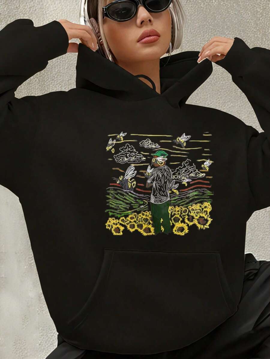 Sunflower Field Owl Art Print Unisex Hoodie - Black-13 - View 1