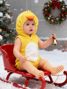 Baby Girls Casual Hooded Romper Sleeveless Zip Up Animal Chick Romper With Striped Socks - 黃色 - 查看 4