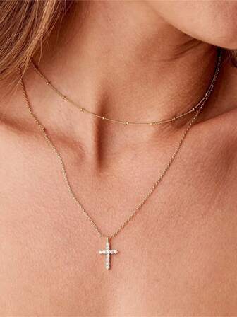 2 件不锈钢水钻十字架吊坠项链套装，时尚简约水钻十字架吊坠 O 型链多层颈链，轻盈奢华项链适合女孩和女士