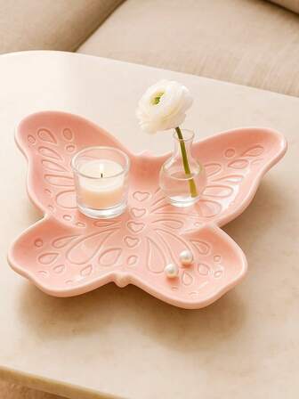 1/2pcs Butterfly Tray, Trinket Dish & Candle Holder, Pink/White Table Decor For Living Room