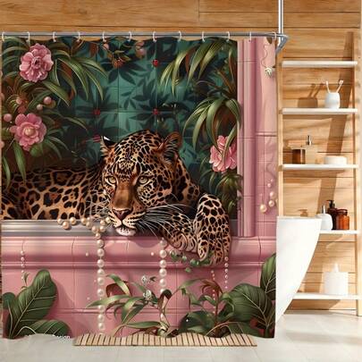 Cortina de ducha con estampado de leopardo rosa vibrante y perlas de jardín - Impermeable, de poliéster suave con ganchos de fácil instalación, decoración y accesorios de baño, decoración de habitaciones, perfecta para decoración de hoteles y hogares