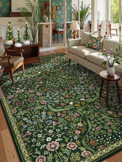 1pc Bohemian Modern Paris Garden Floral Carpet, Suitable For Living Room, Non-Slip Rust Red Printed Vintage Farmhouse Rug, Suitable For Bedroom, Dining Room, Dorm, Office, Home Decor