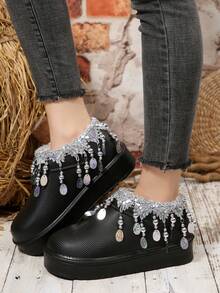 Botas de neve femininas de lã com detalhes em strass e forro de PU