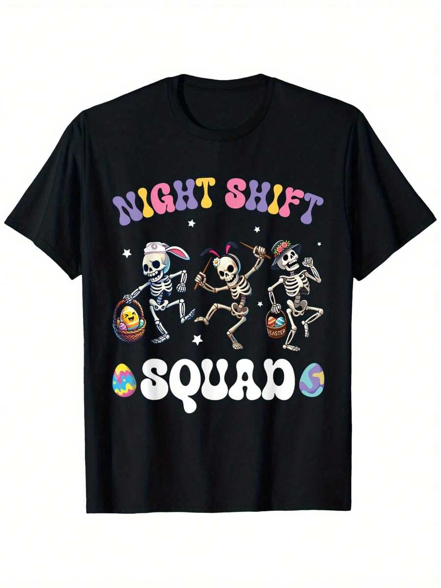 Camiseta del Escuadrón de Guardia Nocturna de Conejitos Esqueleto Bailando Huevos de Pascua y Flores.% Algodón. Impresión de un lado. Camiseta negra de manga corta. Feliz Regalo de Pascua para Familia y Amigos. Tallas S-. 1 pieza. Peso de la tela 180g - Negro - Ver 1