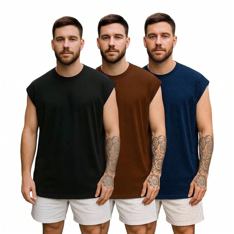 Kit 3 Men's Oversized Tank Tops Macho Workout Gym Streetwear Plain Premium - 黑色/棕色/海軍藍 - 查看 1