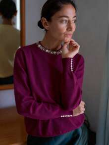 GIGOGOU 时尚串珠女式秋冬保暖毛衣休闲基本款长袖针织上衣秋季衣服别致 - 紫色 - 查看 4