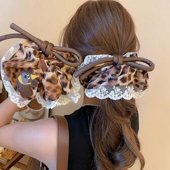 1pc Leopard Print & Lace Trim Bear Decor Hair Scrunchie, Autumn/Winter ,Hair Ties