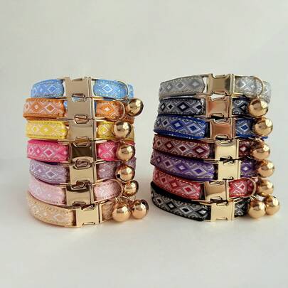Multicolor Jacquard Cat Collar With Gold Thread For Kitten Small Dog Adjustable Strap Pet Collar