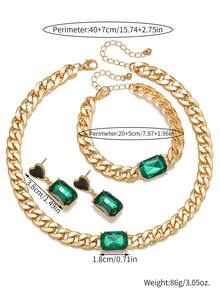 Conjunto de joyería bohemia elegante y exagerada de 4 piezas en color verde, con collar brillante, pulsera, colgante y aretes - Adecuado para uso diario y ocasiones de fiesta