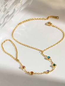 1pc Stainless Steel Bracelet With Colorful Zirconia Stones, Fashionable Finger Chain Jewelry (Random Crystal Color) - Gold - View 2