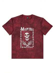 MISFITS Skull Graphic T-Shirt - Red Marbled Tie-Dye Textured Crew Neck Short Sleeve Tee, Stylized Grim Reaper Skull Design With Smaller Skulls Border, White Bold Font Above - Perfect For Rock Fans, Casual Summer Breathable Top- Fall Graphic T-Shirt Women's Halloween Animal Print Casual T-Shirt For Fall Outfit - 紅色 - 查看 1